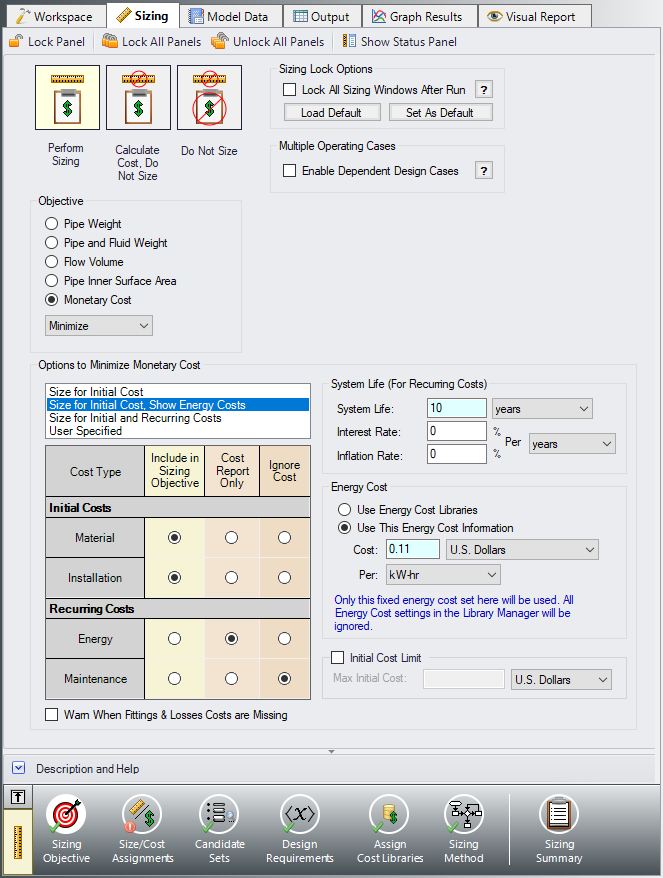 The Sizing Objective panel of the Sizing window with the initial cost analysis setup.
